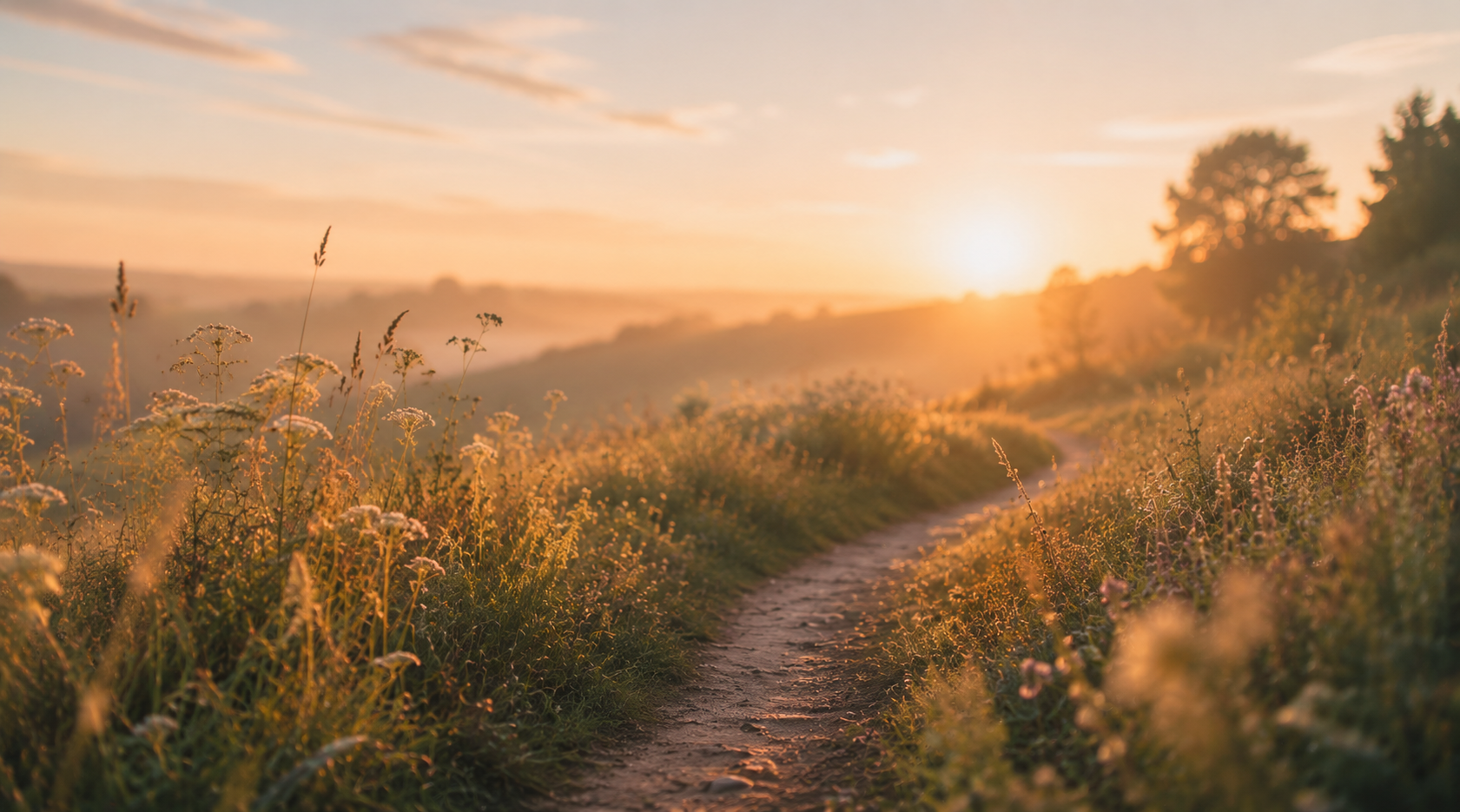 Wandelpad door een bloemenveld in het warme licht van de ondergaande zon
