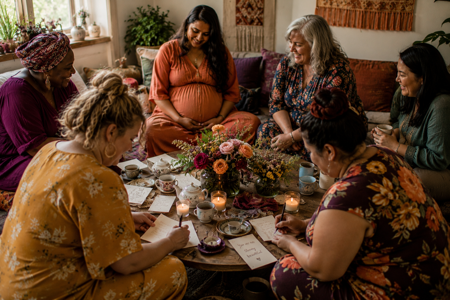 Zwangere vrouw omringd door dierbaren tijdens een warme en verbindende Mother Blessing