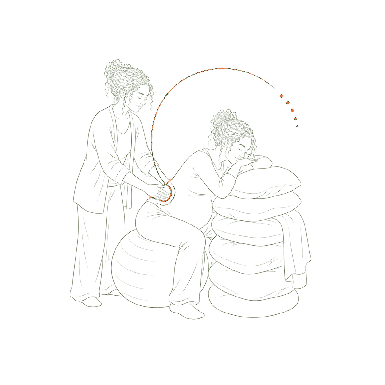 Lijnillustratie van een doula die tegendruk geeft op de onderrug van een zwangere vrouw die op een geboortebal rust.