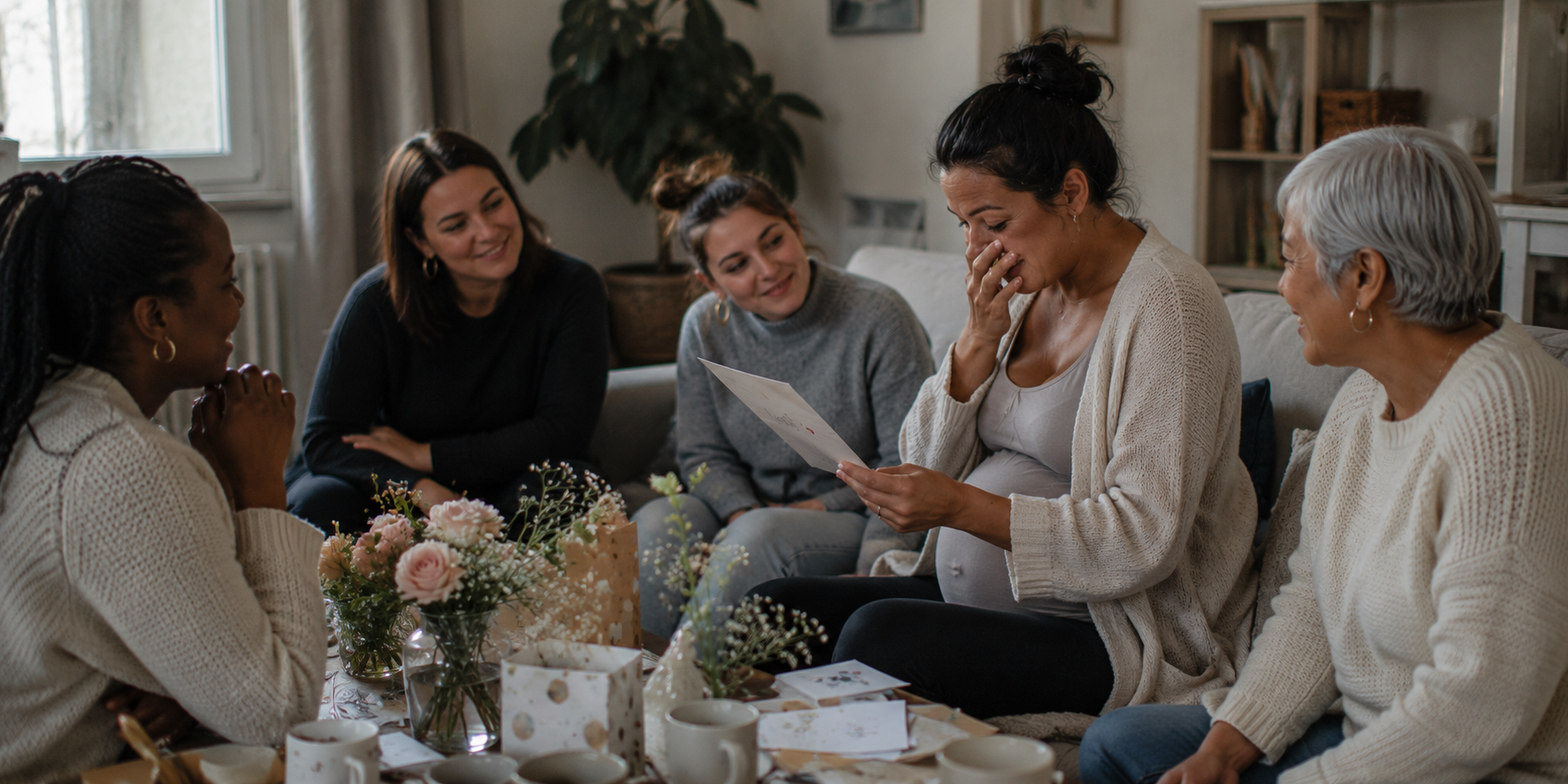 Zwangere vrouw leest een persoonlijke boodschap tijdens een intieme Mother Blessing met dierbaren