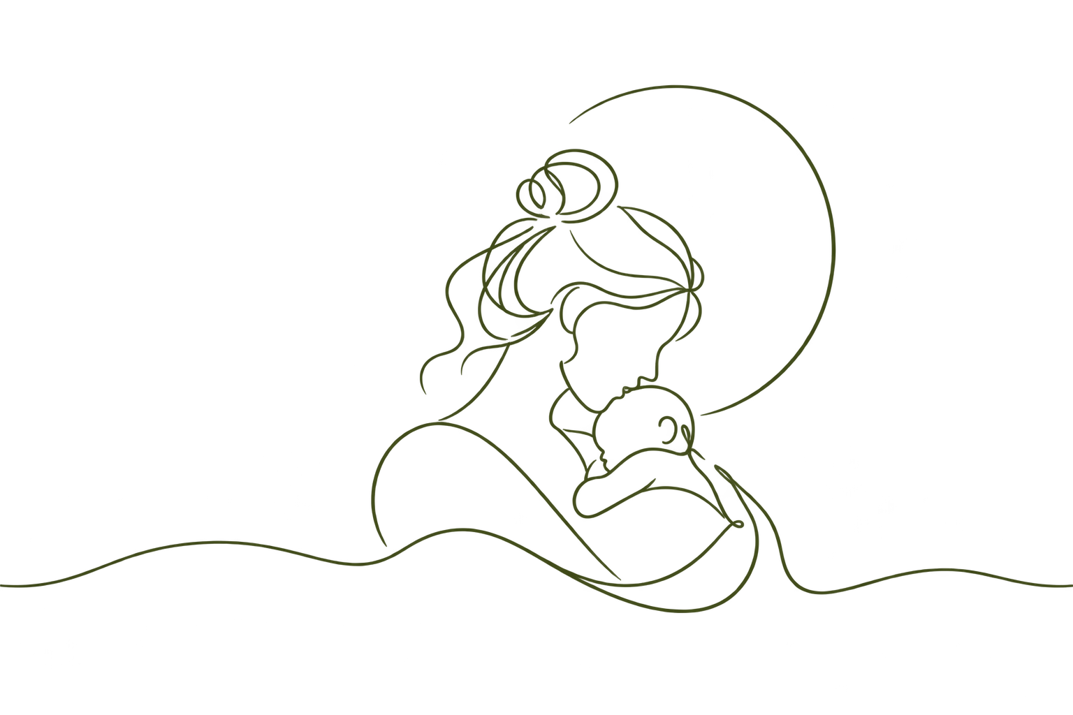 Groene lijnillustratie van een moeder die haar baby liefdevol tegen zich aan houdt, symbool voor postpartumzorg en verbinding.