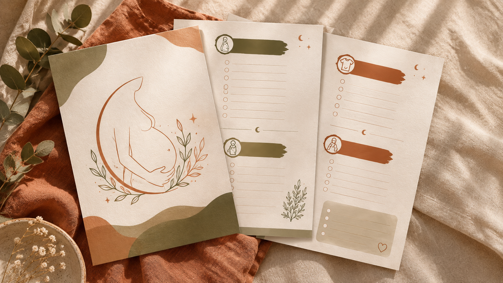 Gratis vluchttas checklist voor de bevalling van Mothers & Moon, met benodigdheden voor mama, baby en geboortepartner.