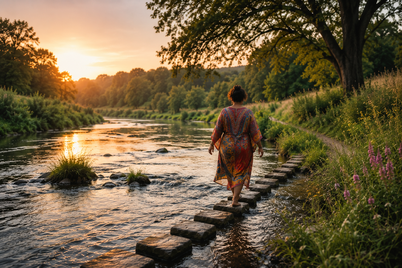 Vrouw wandelt bij zonsondergang over stapstenen door een rivier