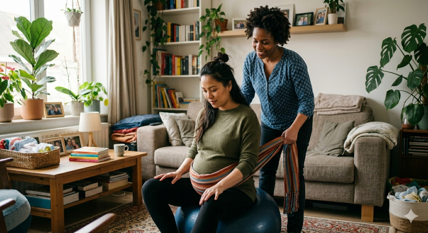 Doula ondersteunt een zwangere vrouw met een rebozo tijdens een oefening op de geboortebal