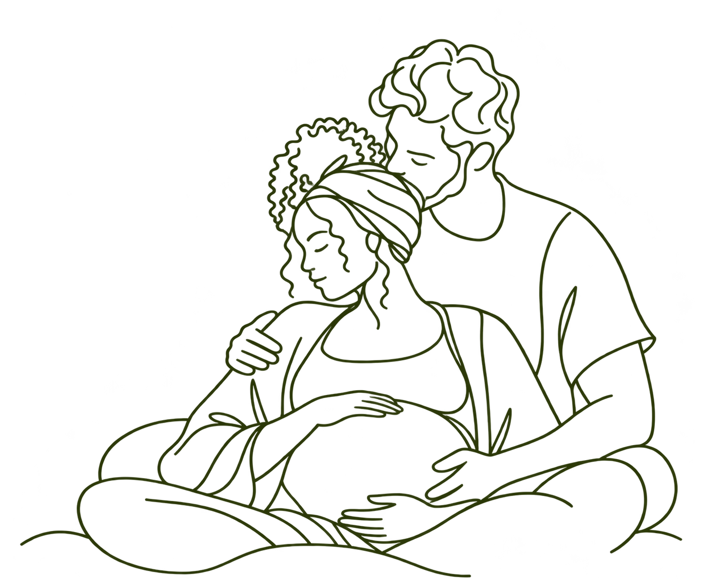 One-line illustratie van een zwangere vrouw die liefdevol wordt ondersteund door haar geboortepartner