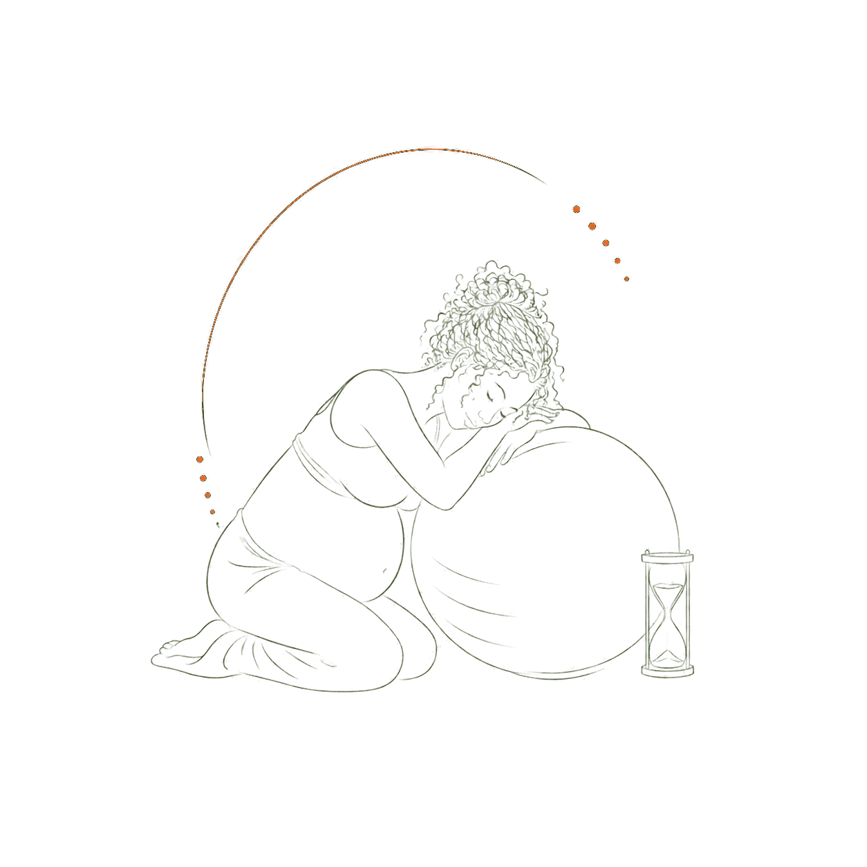 Lijnillustratie van een zwangere vrouw die tijdens de arbeid rust op een geboortebal, met een kleine zandloper als symbool voor een kortere arbeidsduur.