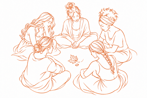 Women gathered in a circle around an autumn leaf and seed during the autumn retreat