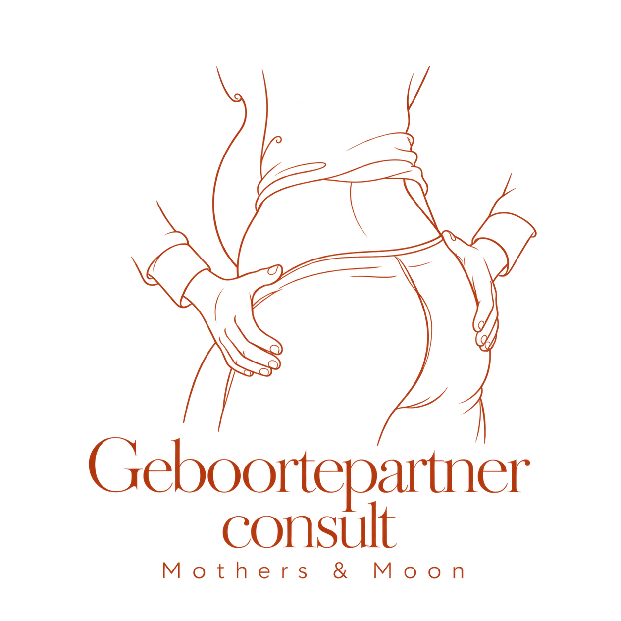 Birth partner consultation · Mothers & Moon, a line illustration of supportive hands during pregnancy.