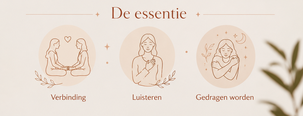 Illustratie van verbinding, luisteren en gedragen worden als essentie van een vrouwencirkel