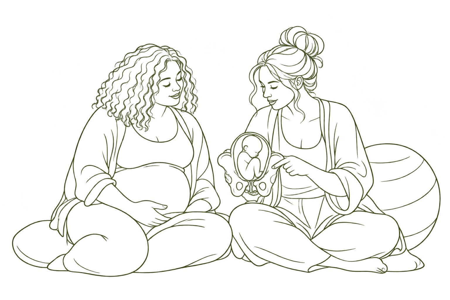 One-line illustratie van een zwangere vrouw en doula tijdens begeleiding rond stuitligging