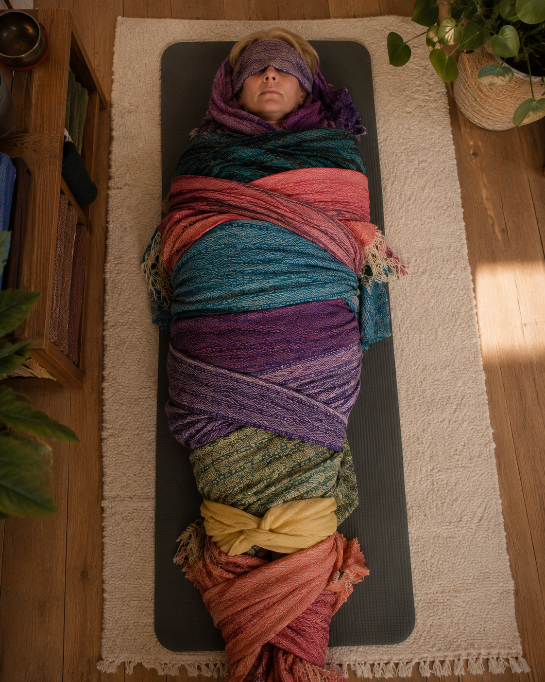 Vrouw ligt op een mat en wordt met kleurrijke rebozo’s omhuld tijdens Closing the Bones