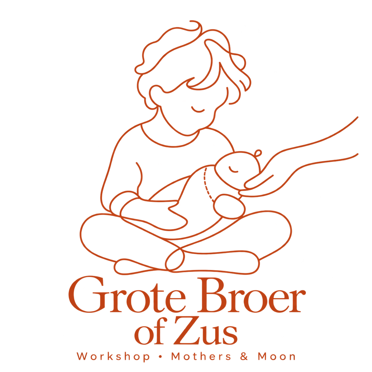 Grote broer of zus workshop · Mothers & Moon, lijnillustratie van een kind met een baby.