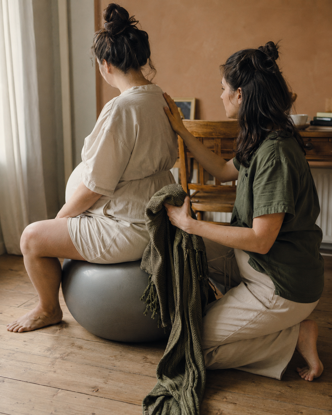 Een doula ondersteunt een zwangere vrouw op een geboortebal met een rebozo tijdens de geboortevoorbereiding.