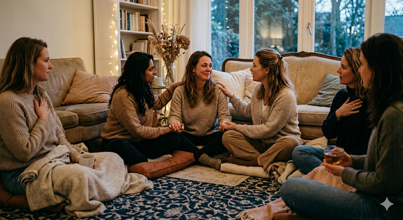Vrouwen zitten samen in een kring en delen een warm moment van verbinding
