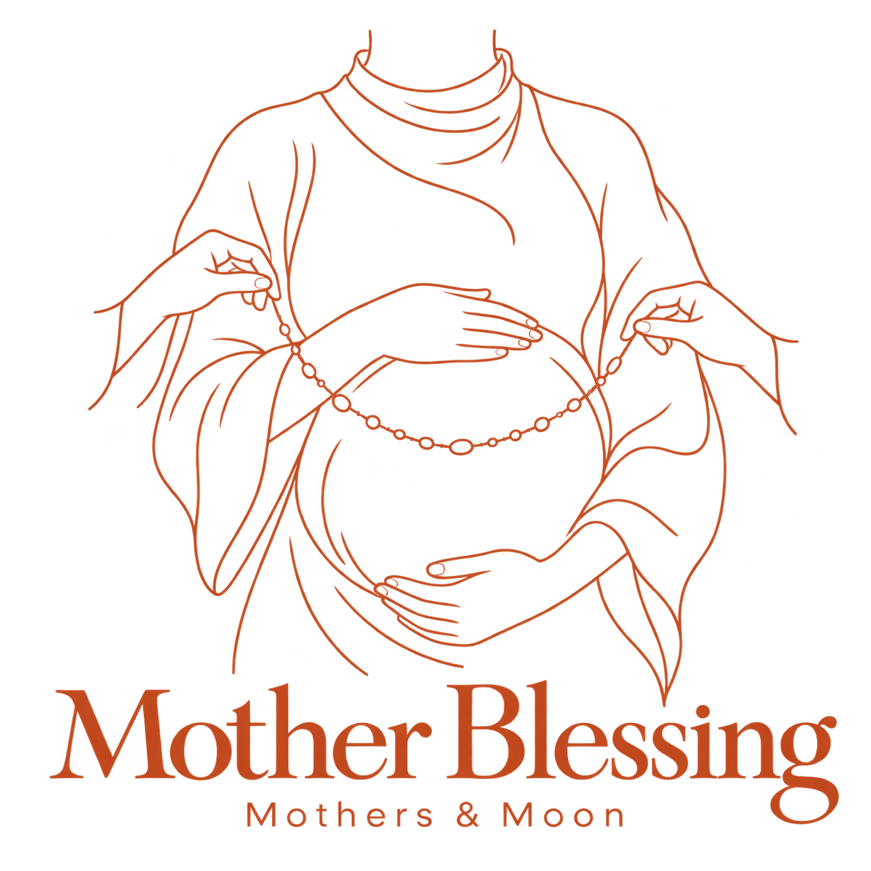 Mother Blessing · Mothers & Moon, lijnillustratie van handen rond een zwangere buik.