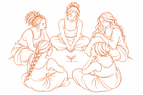 Women gathered in a circle around a seedling, a symbol of a gentle beginning