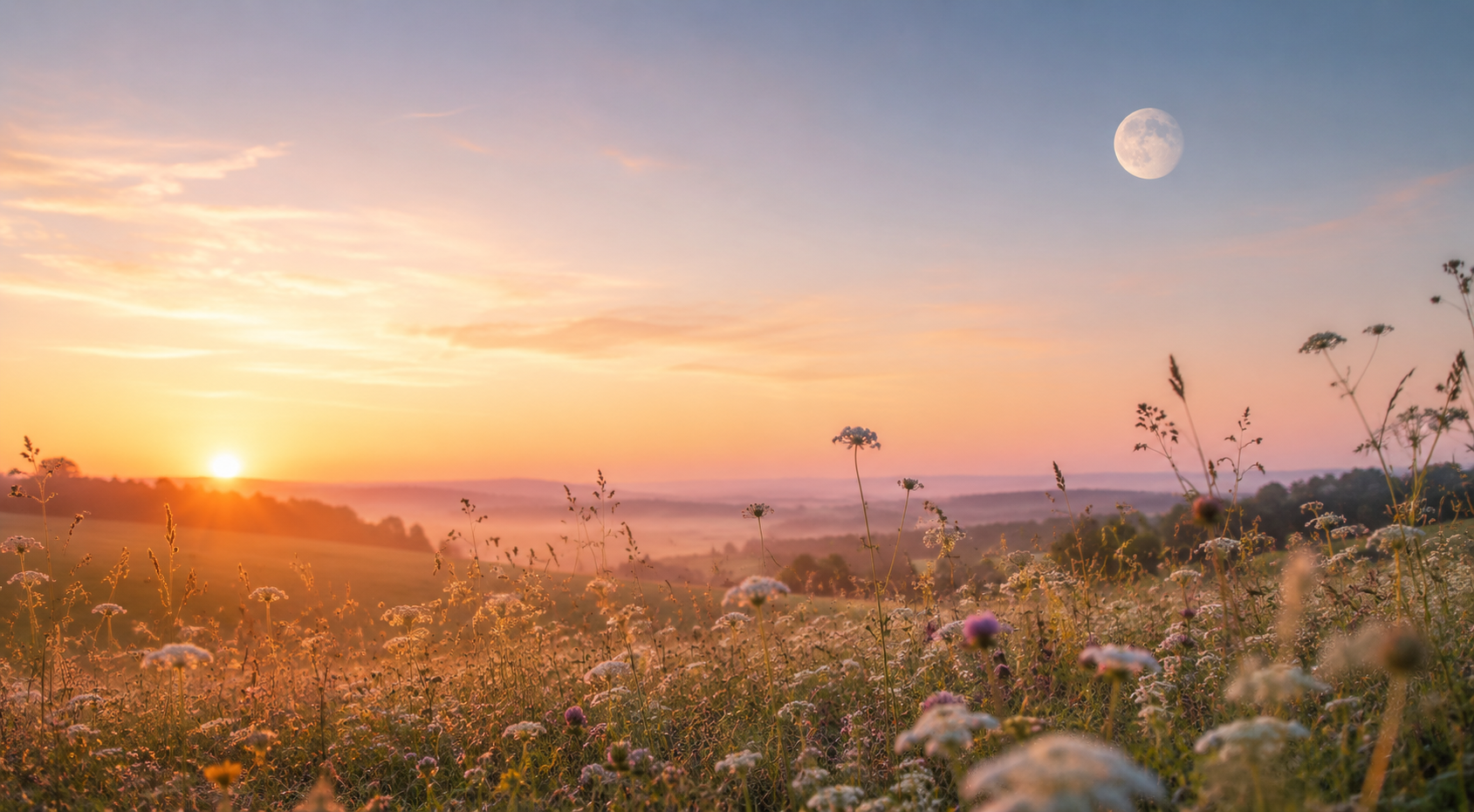 Zonsondergang boven een veld met wilde bloemen en een volle maan