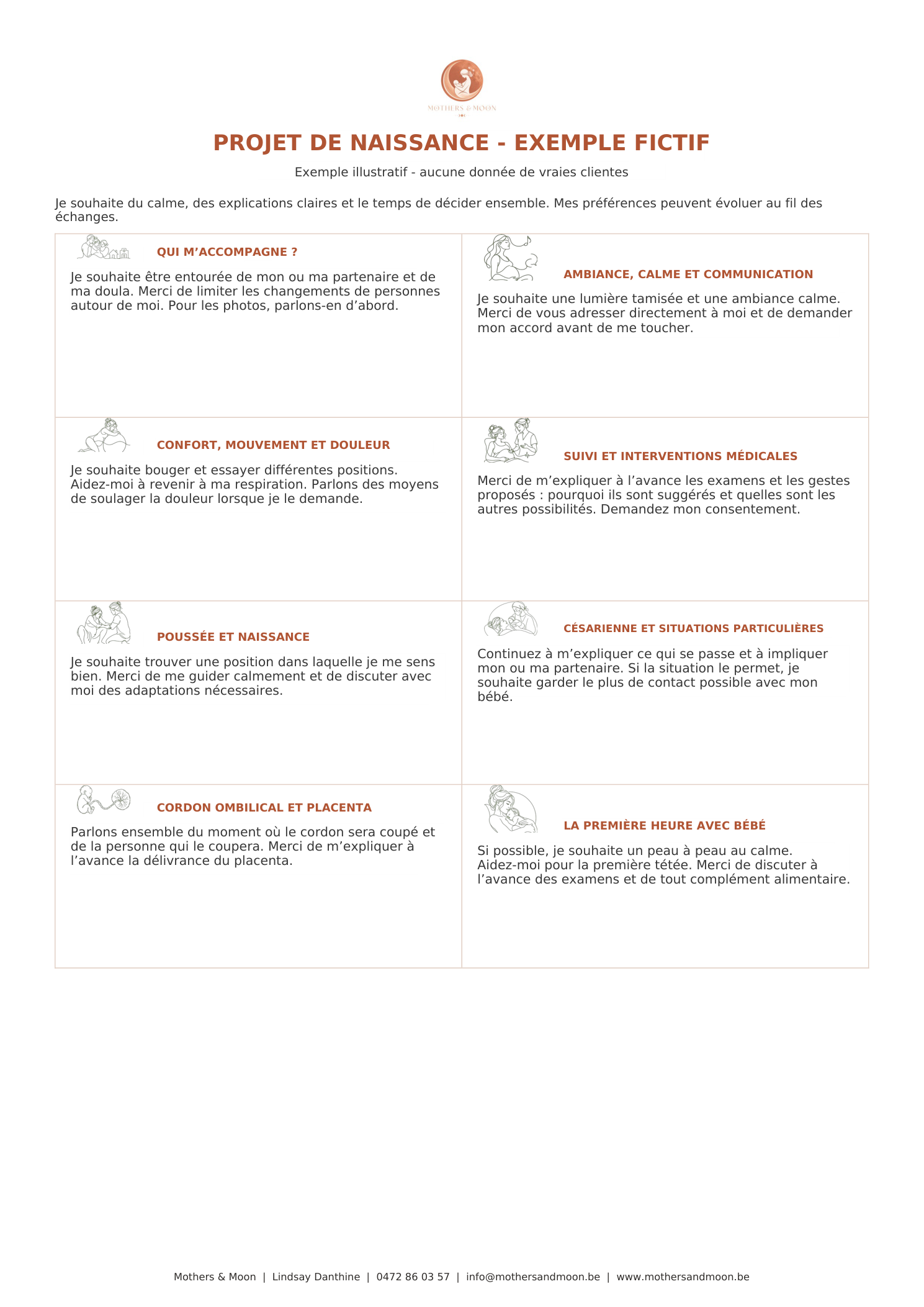 Exemple fictif de projet de naissance Mothers & Moon en français, organisé en huit catégories, sans données de clientes.