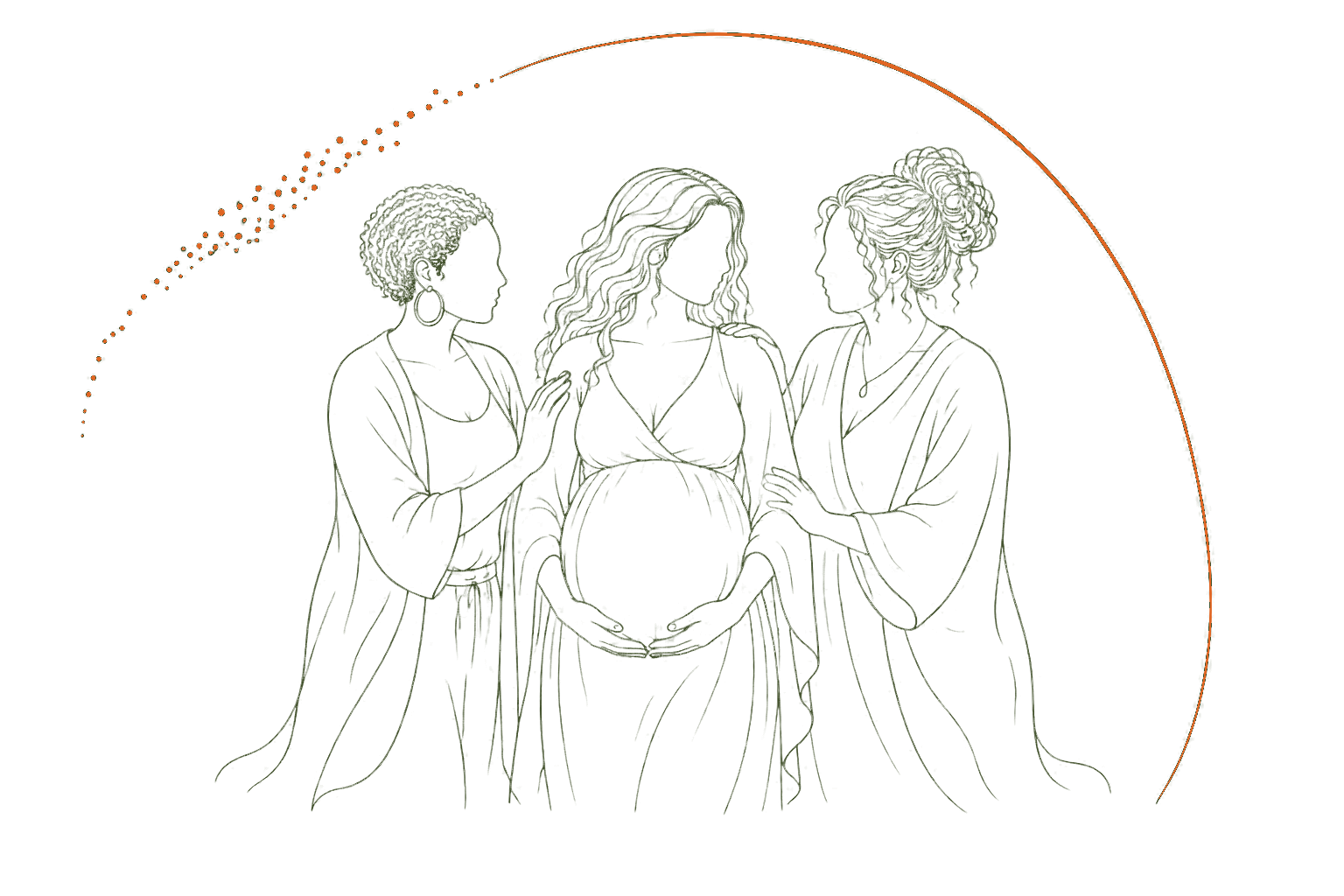 Een zwangere vrouw staat centraal terwijl haar geboortepartner en doula haar rustig en ondersteunend omringen.