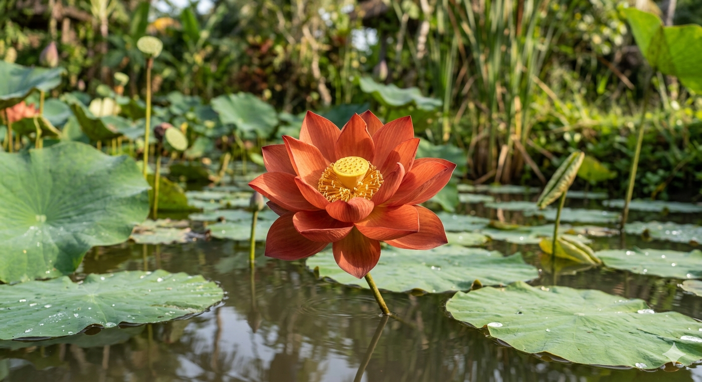 Oranje lotusbloem op het water als symbool voor een Lotus Birth