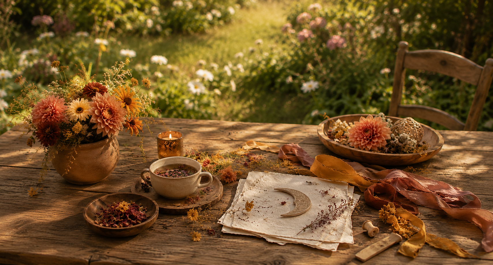 Sfeervol ritueel met bloemen, kaarslicht, thee en natuurlijke elementen die rust, verbinding en betekenisvolle overgangen symboliseren.