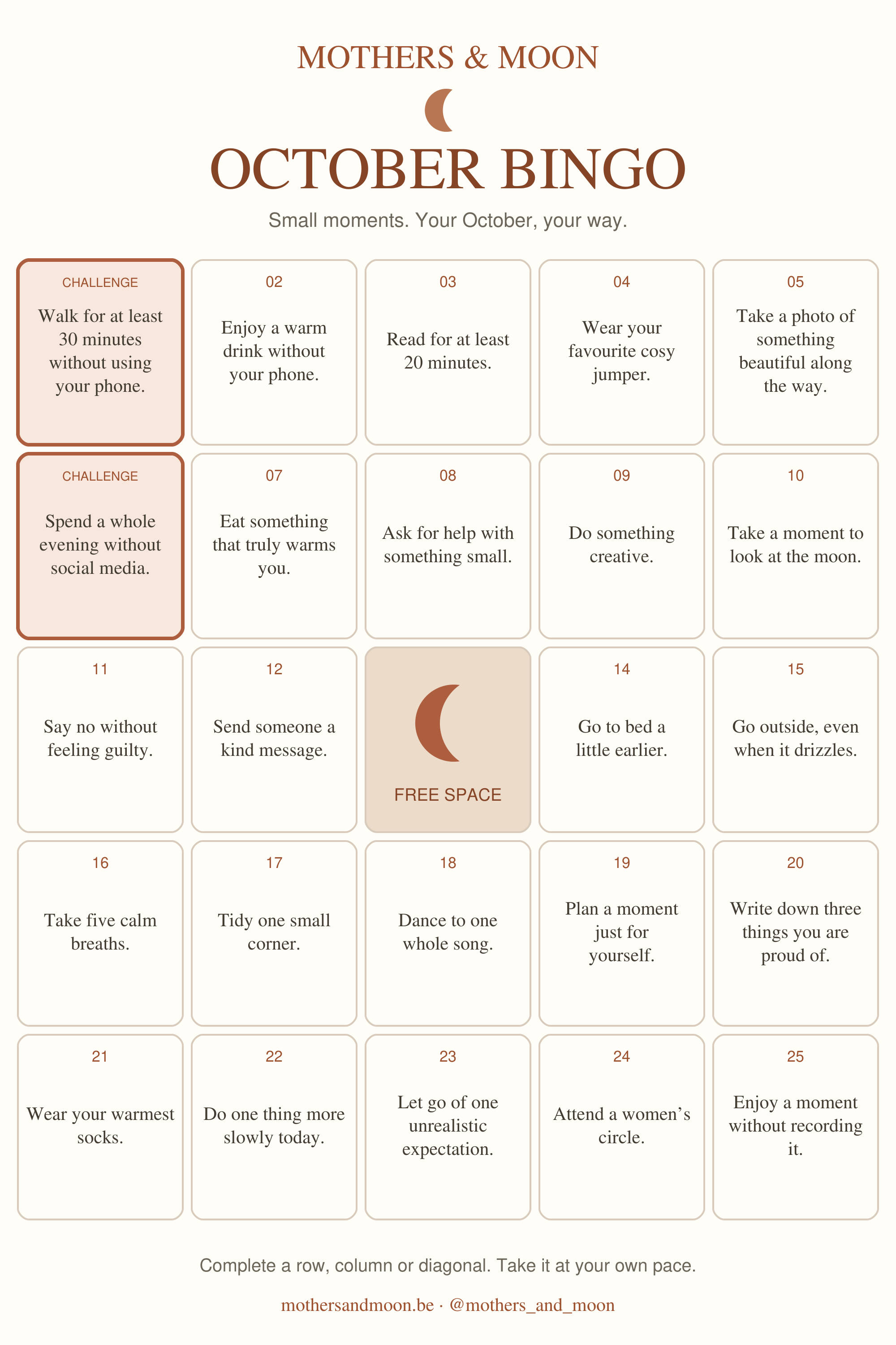 Mothers & Moon October bingo in English: 25 squares for rest, connection, creativity and time outdoors, including a free space.