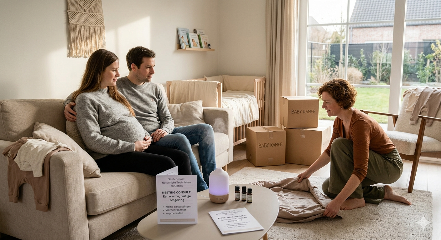 Doula bespreekt thuis met een zwanger koppel de praktische voorbereiding op de komst van hun baby