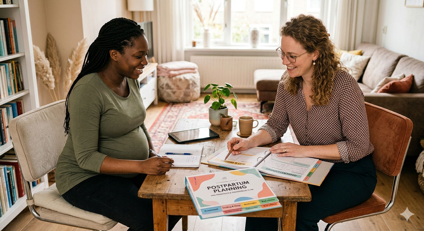 Zwangere vrouw en postpartum doula maken samen een persoonlijk plan voor de kraamperiode