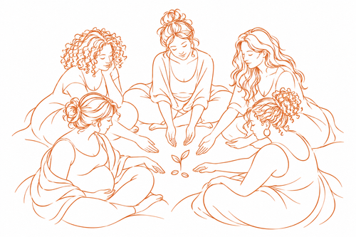 Women gathered in a circle around a seedling during the April day retreat