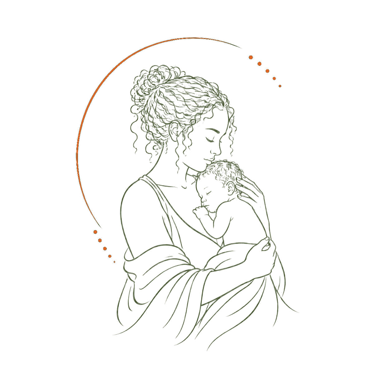 Lijnillustratie van een moeder die haar pasgeboren baby rustig huid-op-huid vasthoudt.