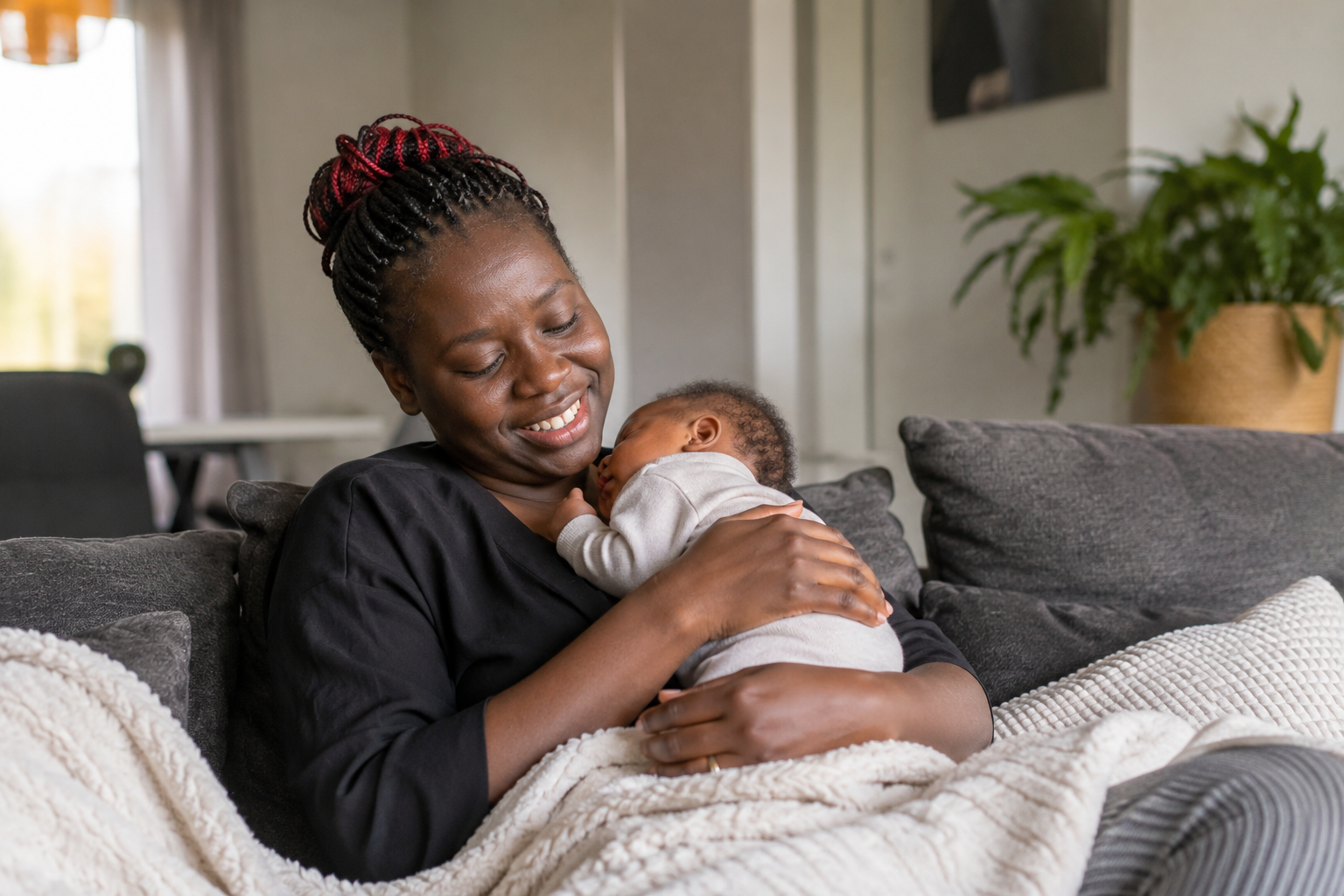Moeder knuffelt haar pasgeboren baby tijdens de kraamperiode.