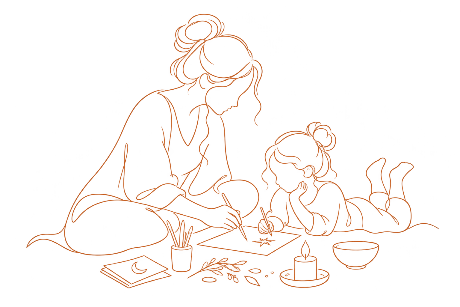 Lijnillustratie van een moeder en kind die samen iets creëren als symbolisch ritueel tijdens een Baby Blessing.