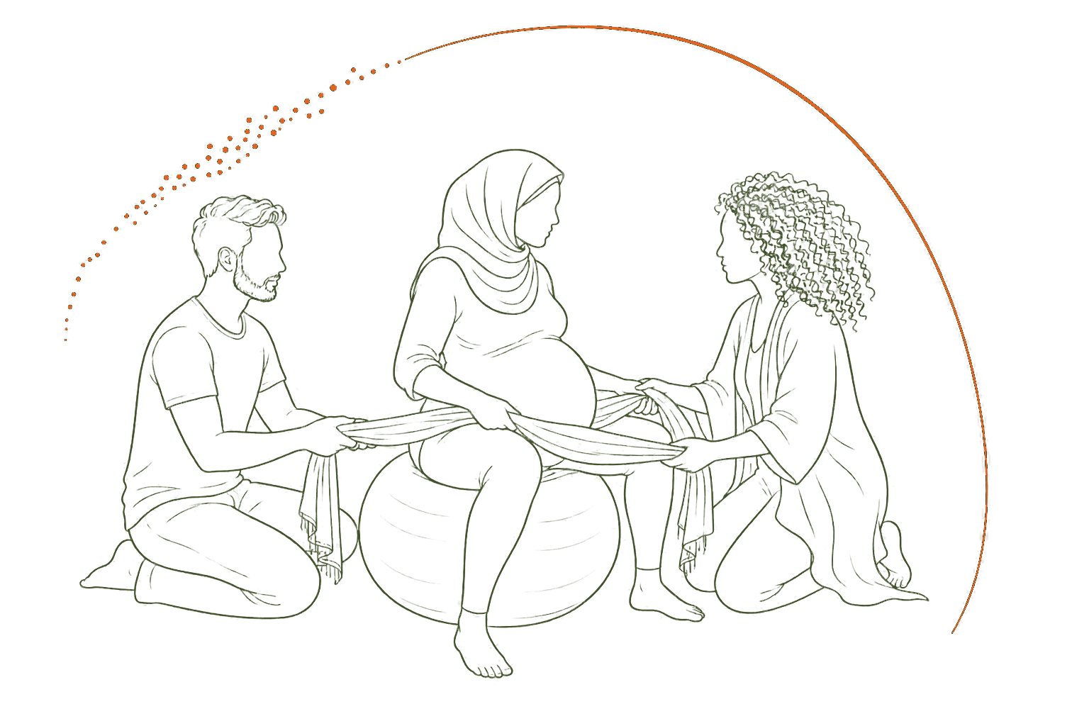 Een zwangere vrouw met hoofddoek oefent op een geboortebal samen met haar geboortepartner en doula een rebozotechniek.