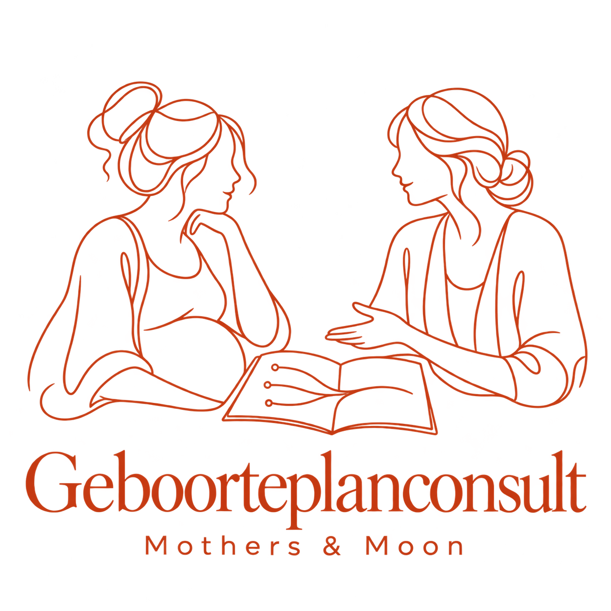 Birth plan consultation · Mothers & Moon, a line illustration of a conversation about birth preferences.