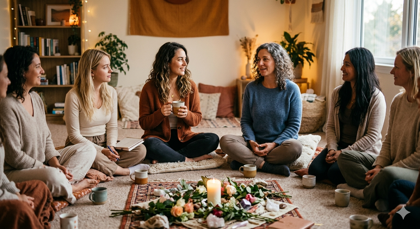 Vrouwen zitten samen in een cirkel rond bloemen en kaarsen tijdens een vrouwencirkel
