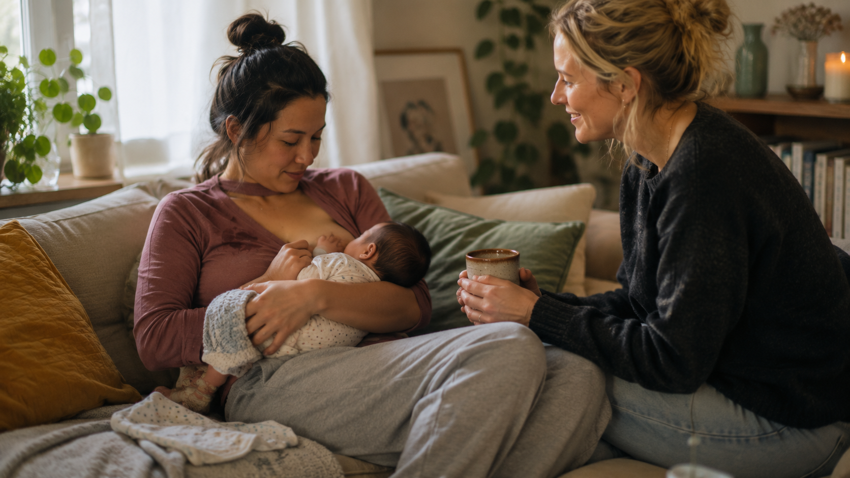 Postpartum doula biedt warme ondersteuning aan een moeder terwijl zij haar baby voedt tijdens de eerste weken na de geboorte.