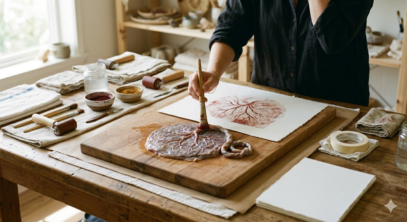 Placenta wordt met een penseel voorbereid om een Placenta Print te maken