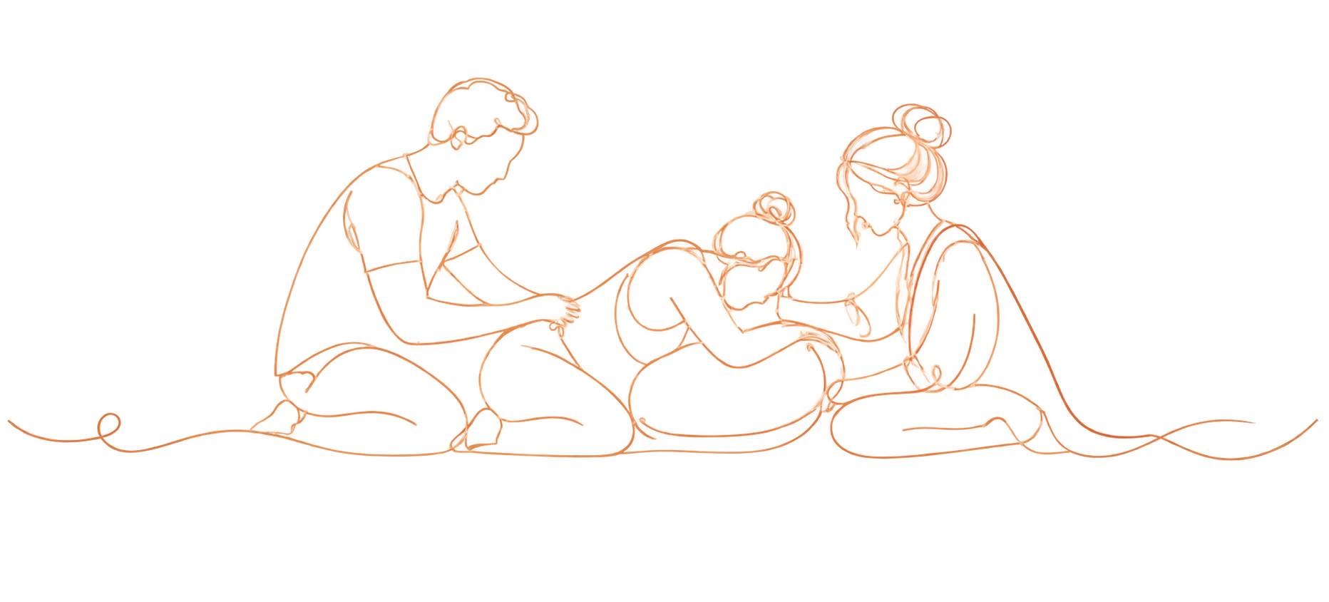 Fijne lijnillustratie van een barende vrouw die wordt ondersteund door haar partner en doula