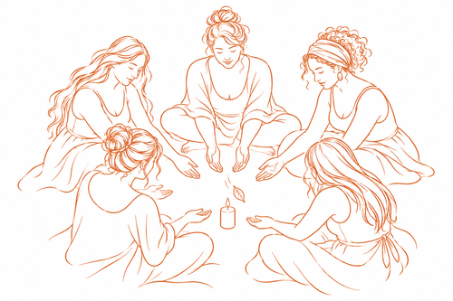 Women gathered in a circle around a falling leaf, a symbol of letting go