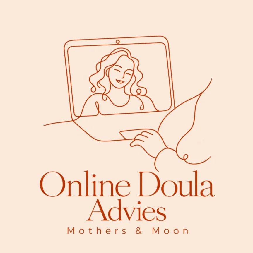 Mothers & Moon online doula advice: a line illustration of a woman on a laptop screen.