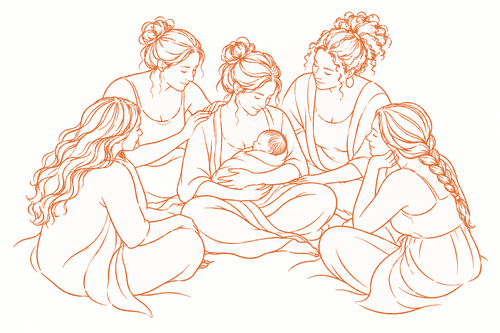 Women gathered in a circle around a mother and her newborn baby