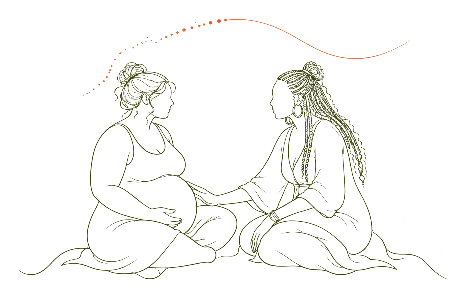 Een zwangere vrouw en een doula met vlechten zitten tegenover elkaar in een rustig gesprek.