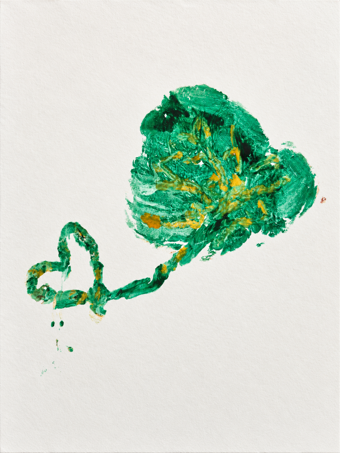 Voorbeeld van een groene placenta-afdruk met gele accenten op papier.