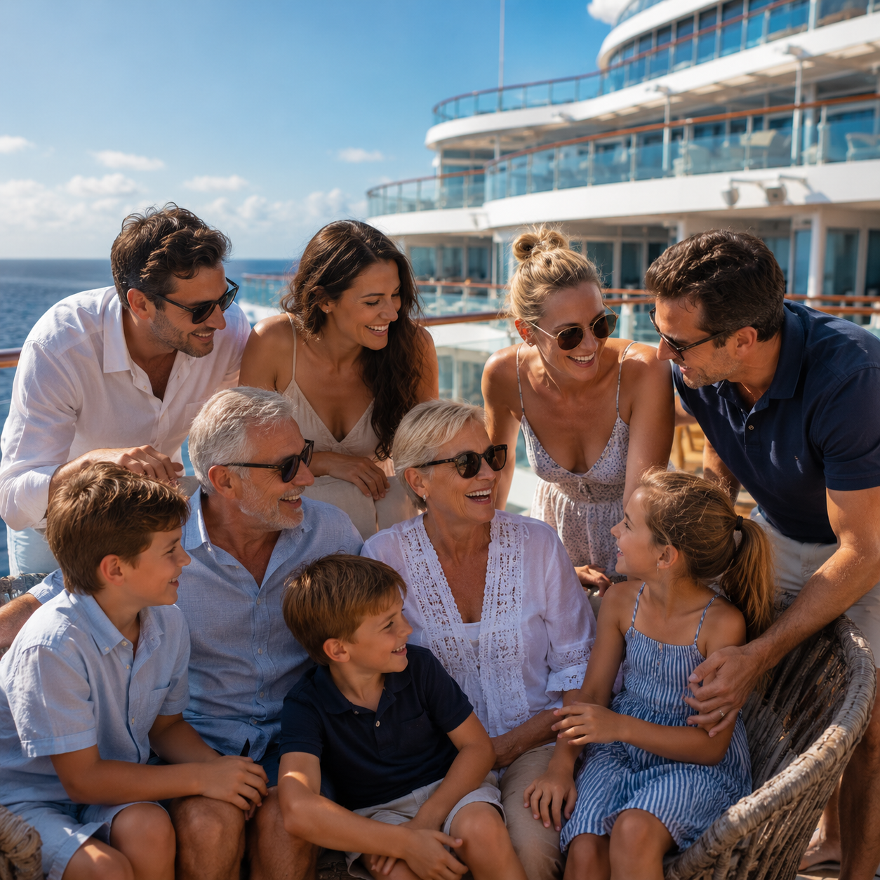 Multi-generational family enjoying a group cruise vacation organized by Beckman Travel.