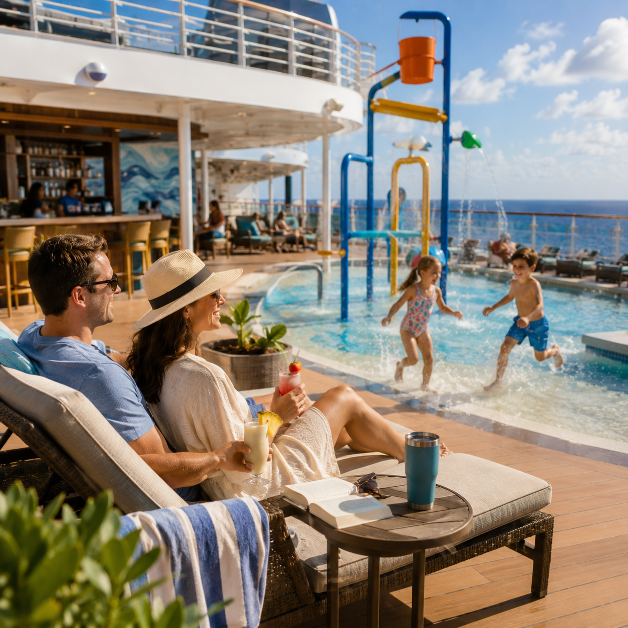 Family enjoying activities aboard a modern cruise ship during a family cruise vacation planned by Beckman Travel.