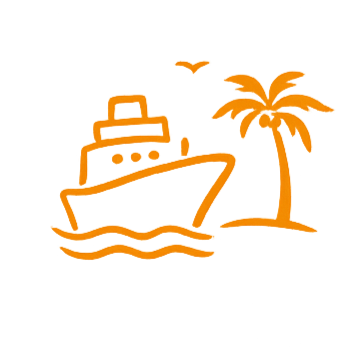 Cruise ship and palm tree icon representing cruise weddings, resort weddings, and honeymoon planning services.