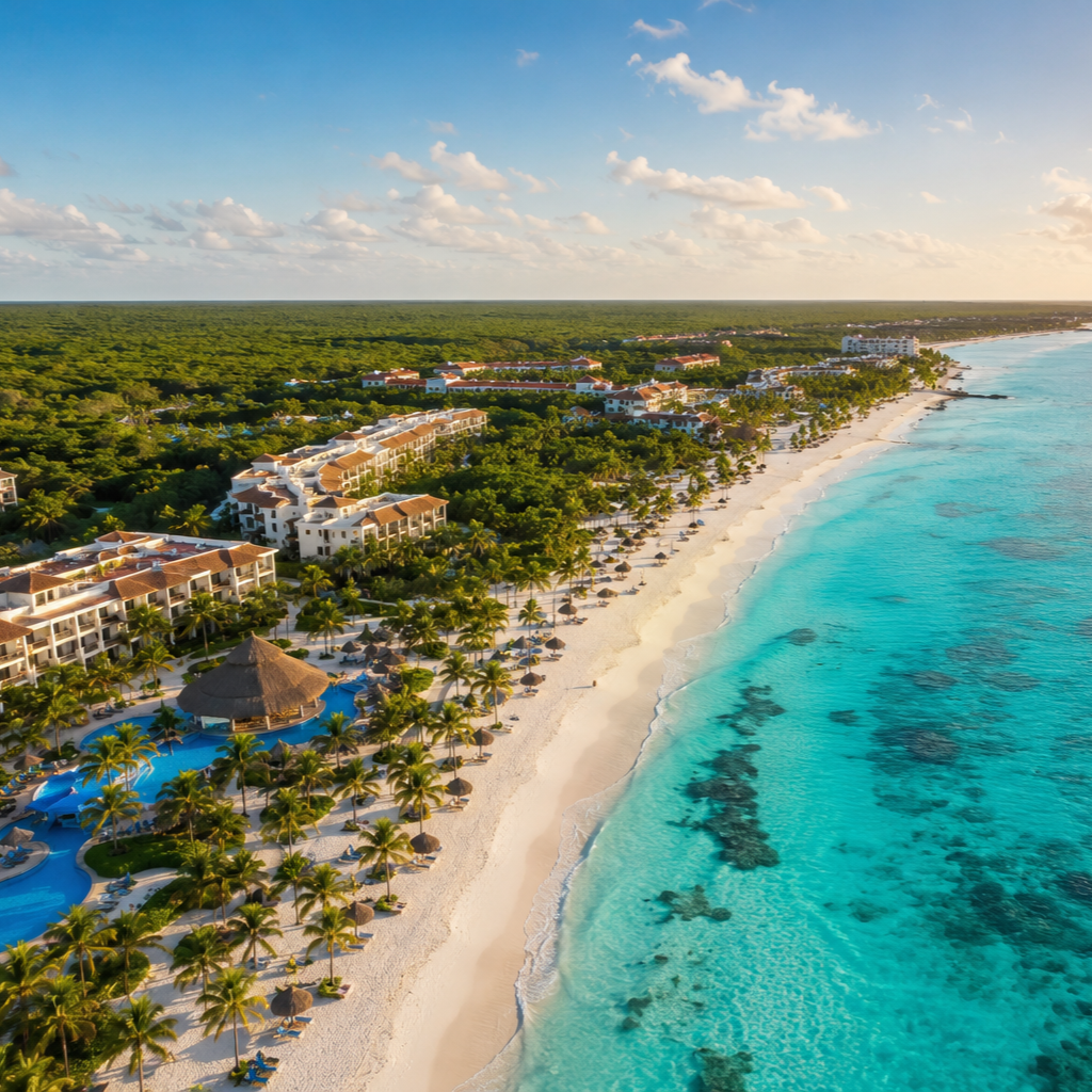 An aerial view of a tropical beach resort with white sandy beach, clear turquoise water, palm trees, and multiple resort buildings with thatched roof huts and umbrellas.