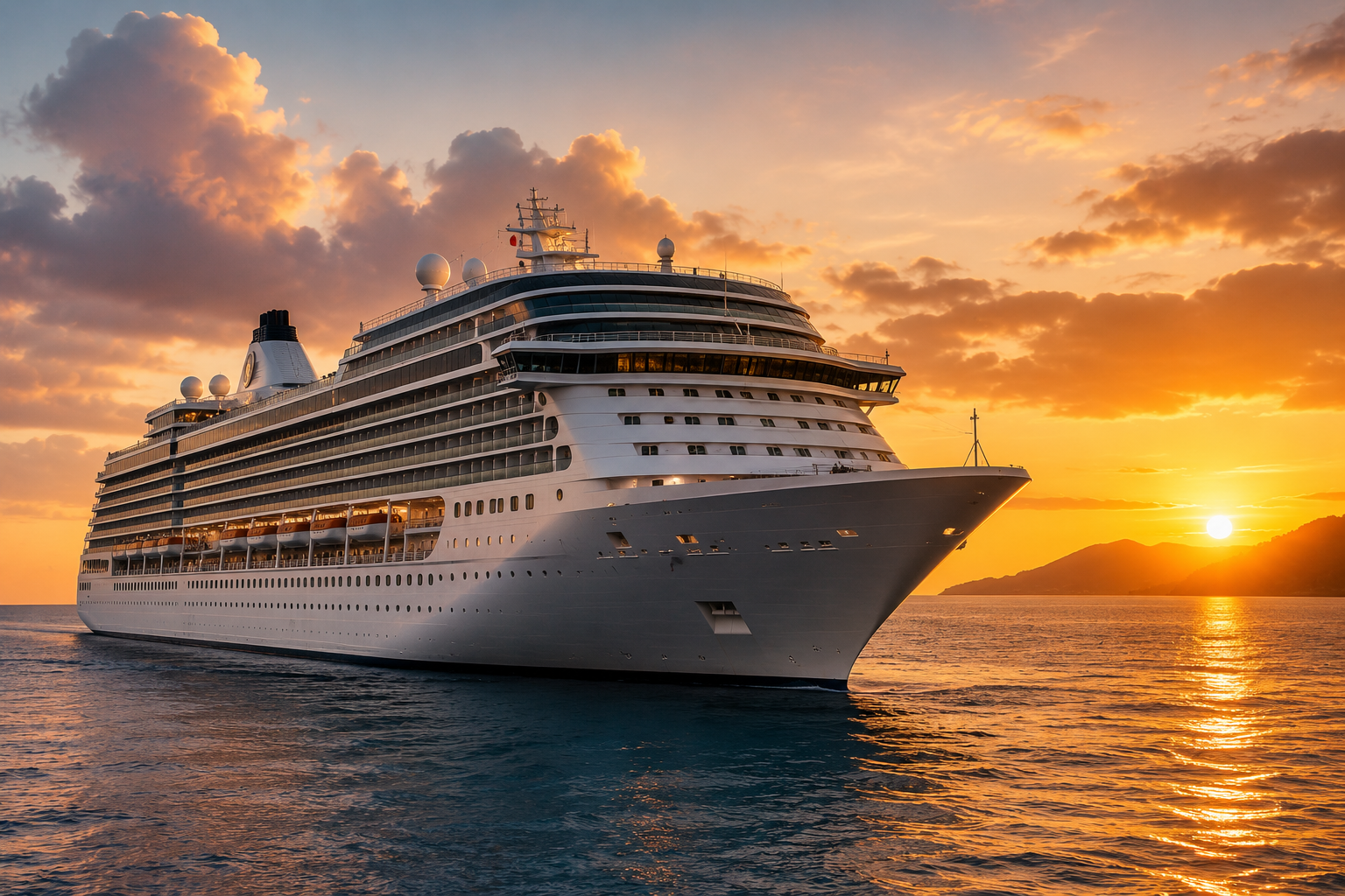 Modern cruise ship sailing in the Caribbean at sunset representing cruise vacation planning and cruise travel services by Beckman Travel.