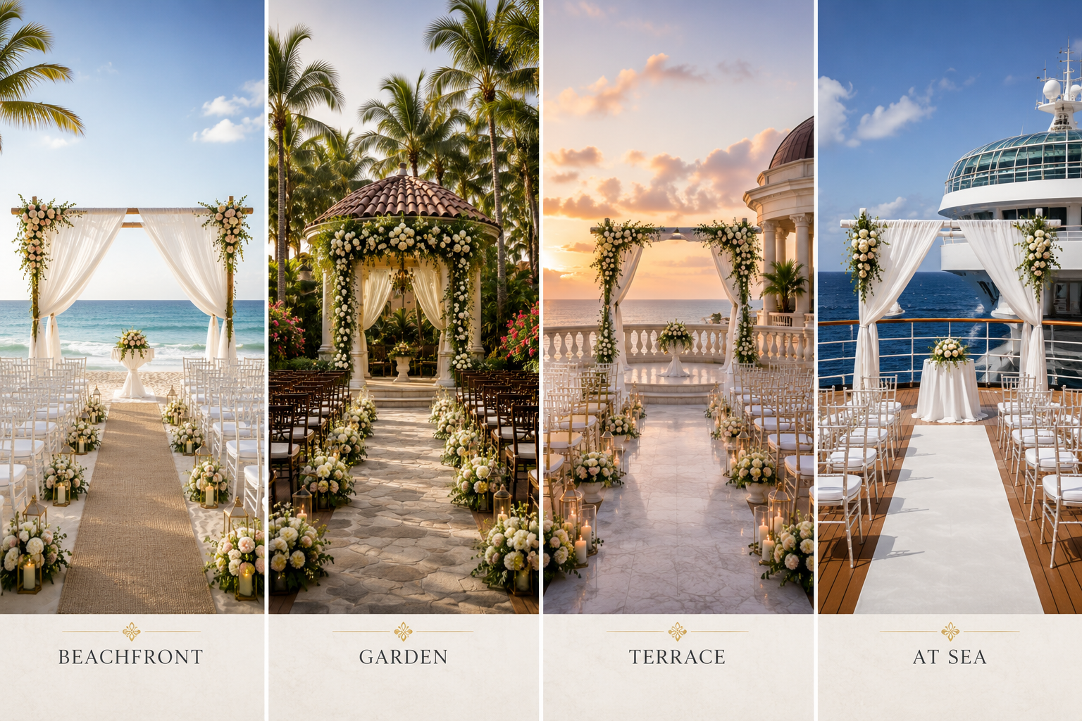 Comparison of four destination wedding venue styles including beachfront, tropical garden, luxury terrace, and cruise ship wedding locations.