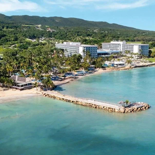 Aerial view of a beach resort with a curved pier extending into the ocean, lined with palm trees and beachfront buildings, with mountains in the background under a blue sky.